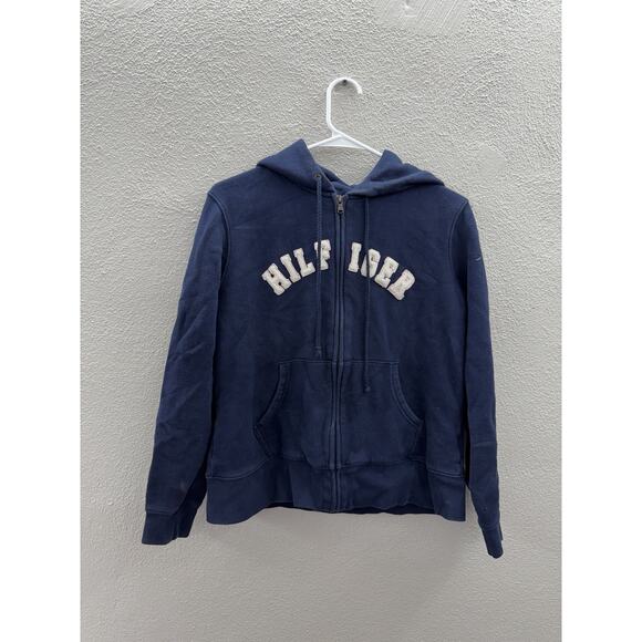Tommy Hilfiger Womens Jacket Size Large Navy Blue Zip Up Fuzzy Logo Hooded - Picture 1 of 10